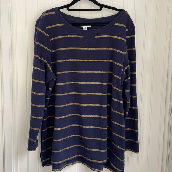 CHARTER CLUB Woman Weekend 2X long sleeve navy top glittery gold stripes high-lo - Picture 2 of 9